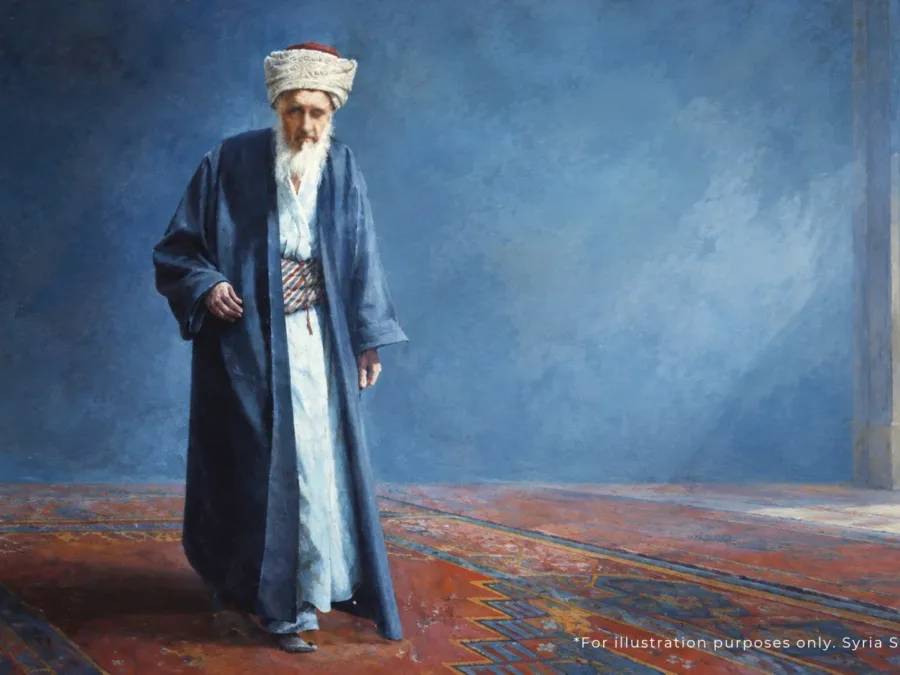 A painted impression of Shaykh Badr al-Din al-Hasani, an elderly scholar in a dark robe and white turban, walking across the carpets of a Damascus prayer hall