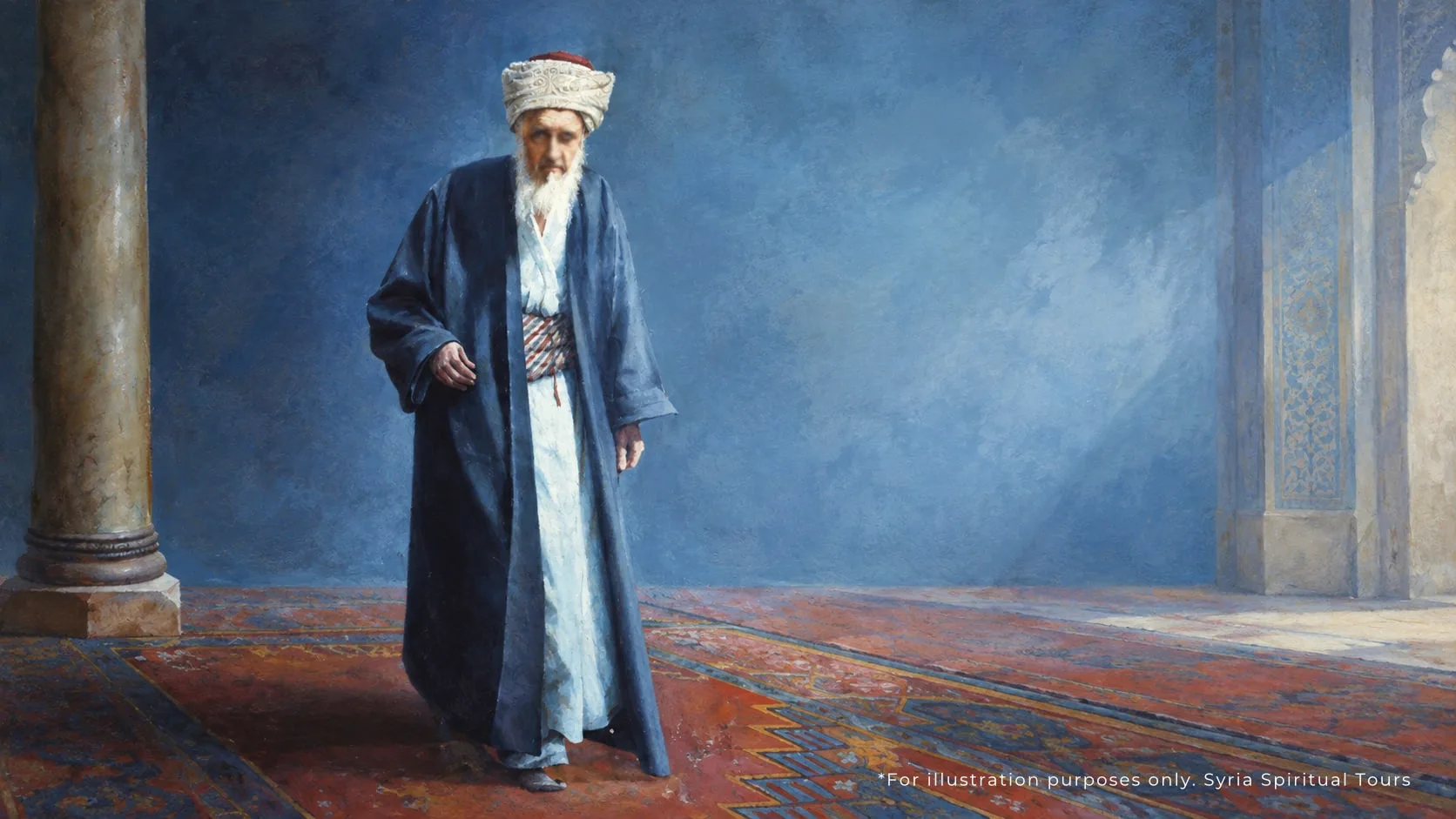 A painted impression of Shaykh Badr al-Din al-Hasani, an elderly scholar in a dark robe and white turban, walking across the carpets of a Damascus prayer hall