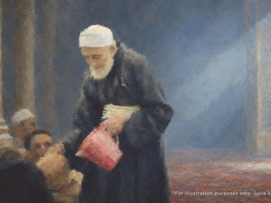 A painted impression of Shaykh Shukri al-Luhafi, an elderly shaykh in a white cap and dark robe, bending to pour water for seated men at a gathering in Damascus