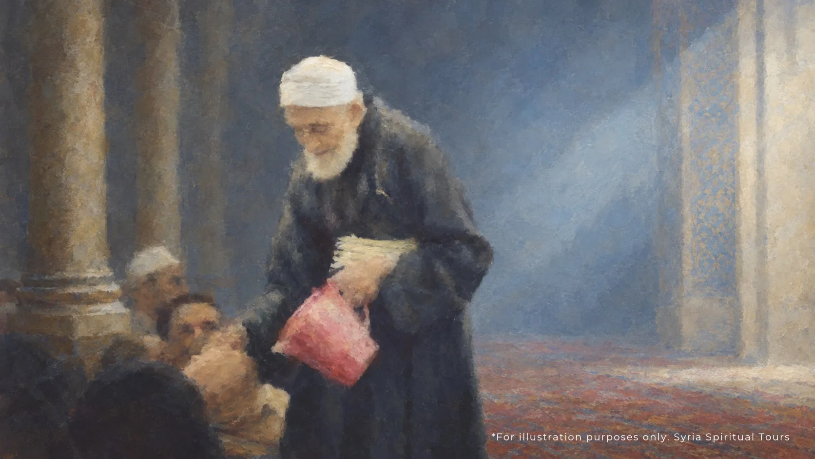 A painted impression of Shaykh Shukri al-Luhafi, an elderly shaykh in a white cap and dark robe, bending to pour water for seated men at a gathering in Damascus
